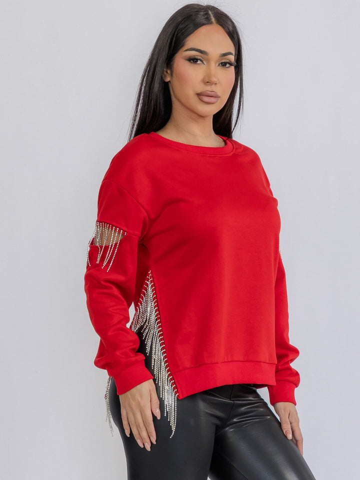 WOMEN'S LONG SLEEVE FRINGE DETAILED CUT OUT TOP