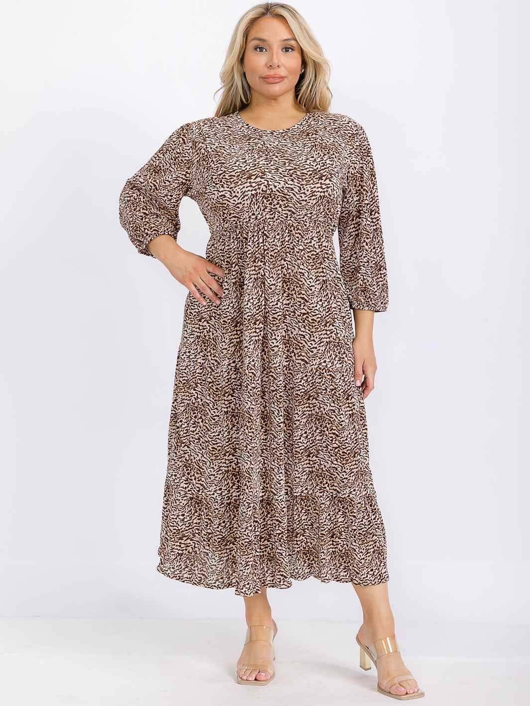 PLUS SIZE LONG SLEEVE FRONT POCKETS ELASTIC WAIST ANIMAL PRINT MAXI DRESS