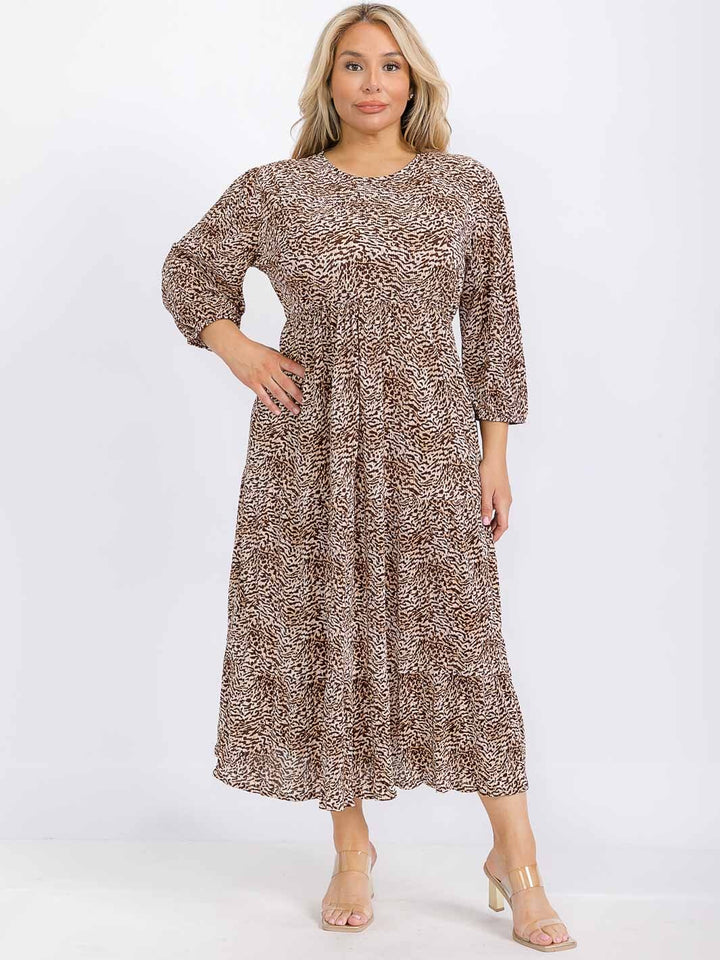 PLUS SIZE LONG SLEEVE FRONT POCKETS ELASTIC WAIST ANIMAL PRINT MAXI DRESS