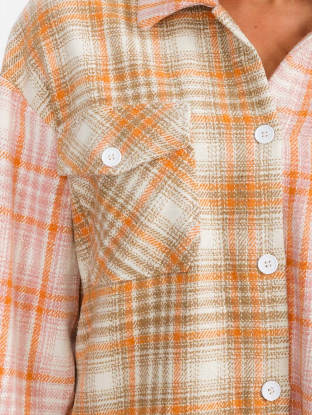 WOMEN'S LONG SLEEVE BUTTON UP FRONT POCKETS PLAID OVERSIZE SHIRT