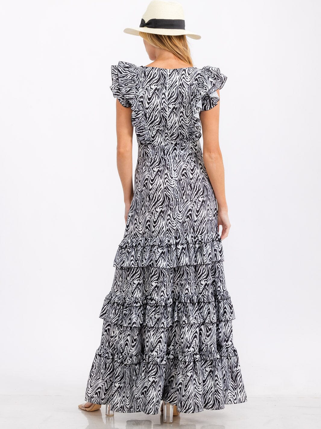 WOMEN'S RUFFLE SLEEVE V-NECK TIERED ANIMAL PRINT MAXI DRESS
