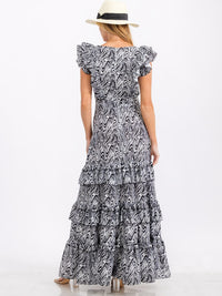 WOMEN'S RUFFLE SLEEVE V-NECK TIERED ANIMAL PRINT MAXI DRESS