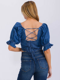 WOMEN'S SHORT PUFF SLEEVE SQUARE NECK SMOCK DENIM CROP TOP