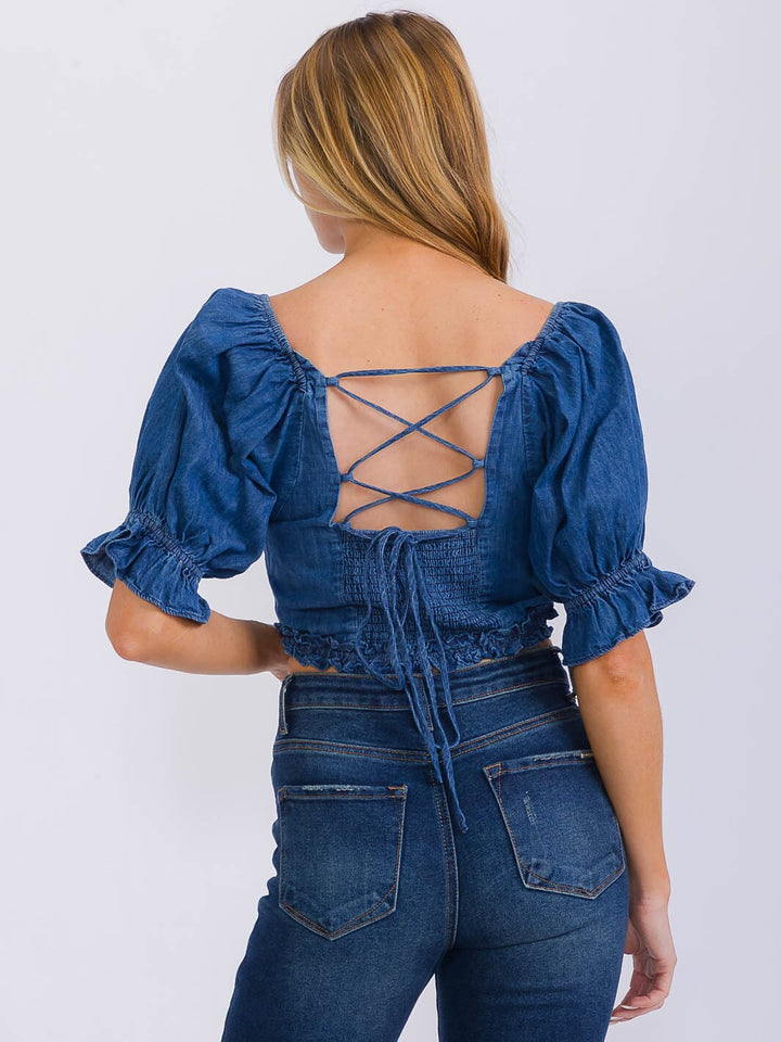 WOMEN'S SHORT PUFF SLEEVE SQUARE NECK SMOCK DENIM CROP TOP