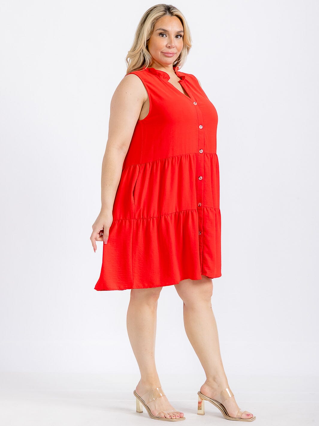 PLUS SIZE SLEEVELESS FRONT POCKETS TIERED TUNIC MINI DRESS