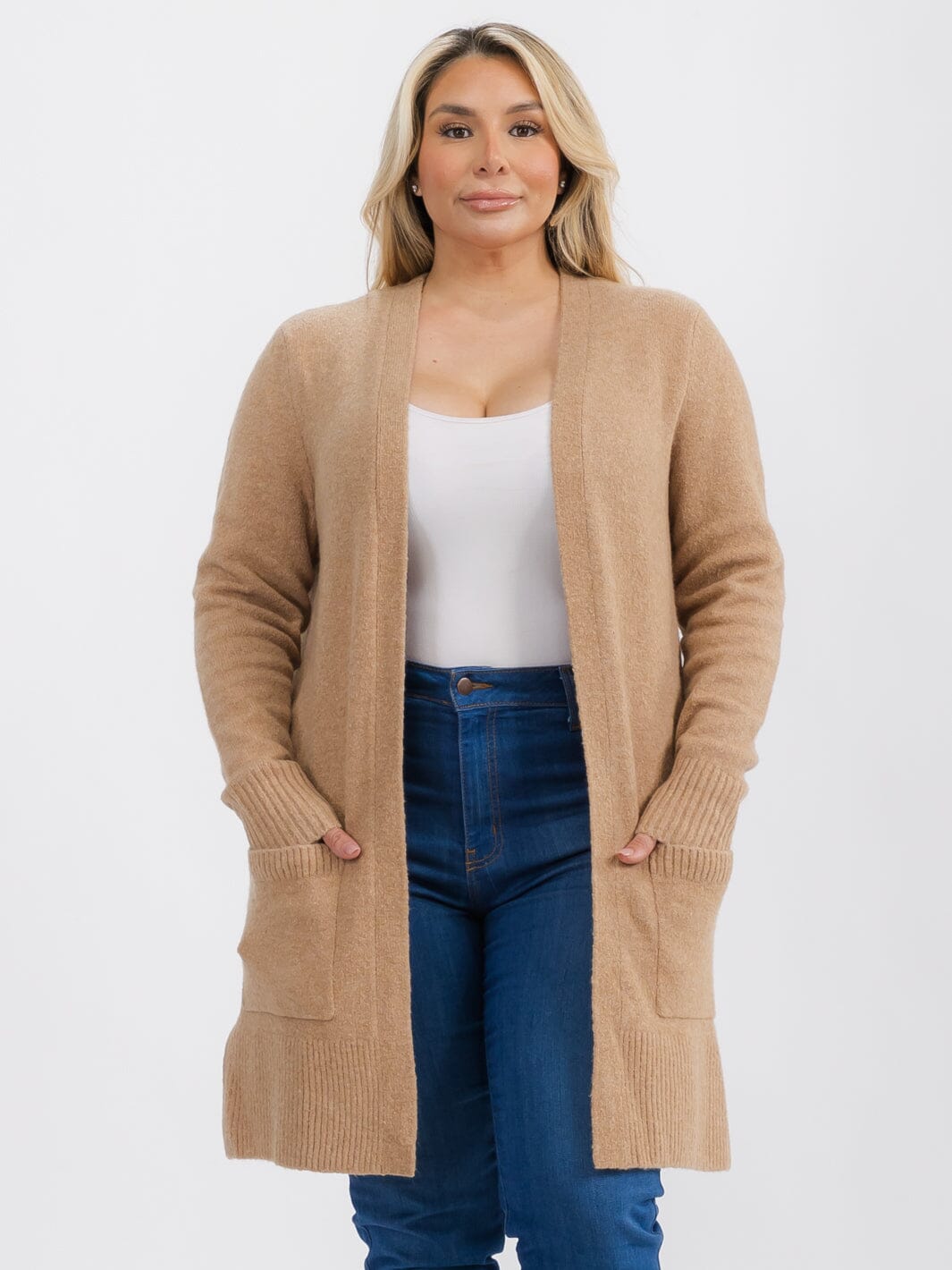 PLUS SIZE LONG SLEEVE OPEN FRONT POCKETS CARDIGAN
