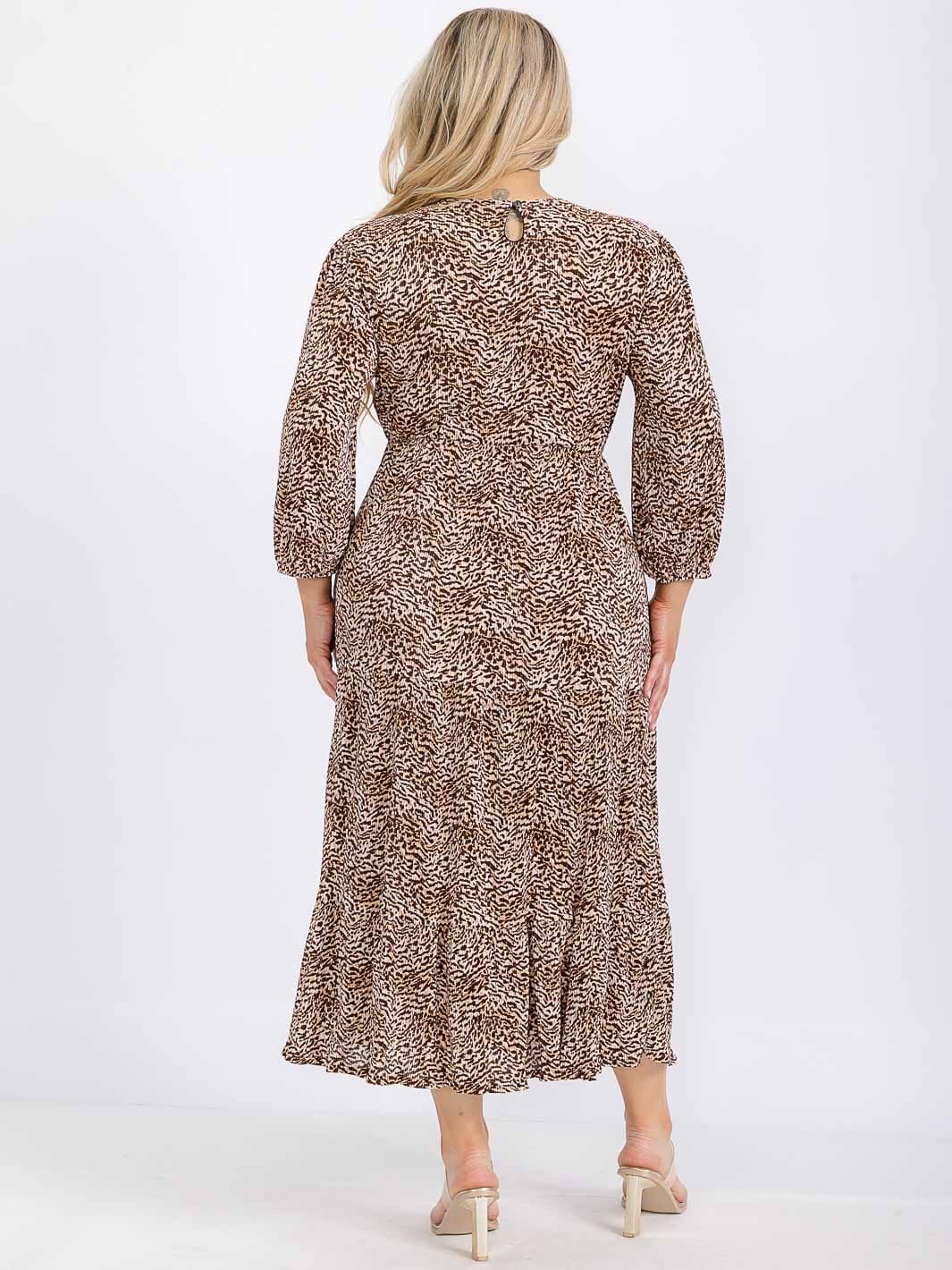 PLUS SIZE LONG SLEEVE FRONT POCKETS ELASTIC WAIST ANIMAL PRINT MAXI DRESS