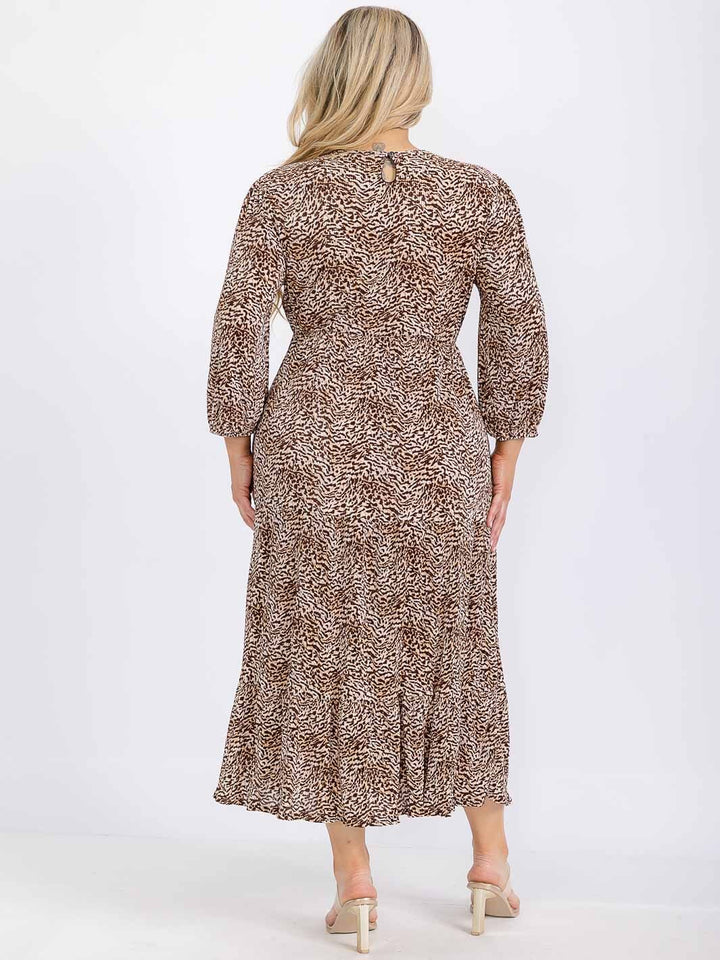 PLUS SIZE LONG SLEEVE FRONT POCKETS ELASTIC WAIST ANIMAL PRINT MAXI DRESS