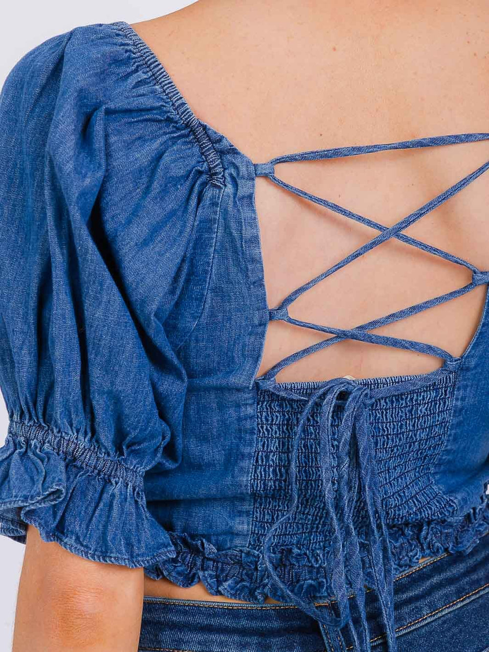 WOMEN'S SHORT PUFF SLEEVE SQUARE NECK SMOCK DENIM CROP TOP