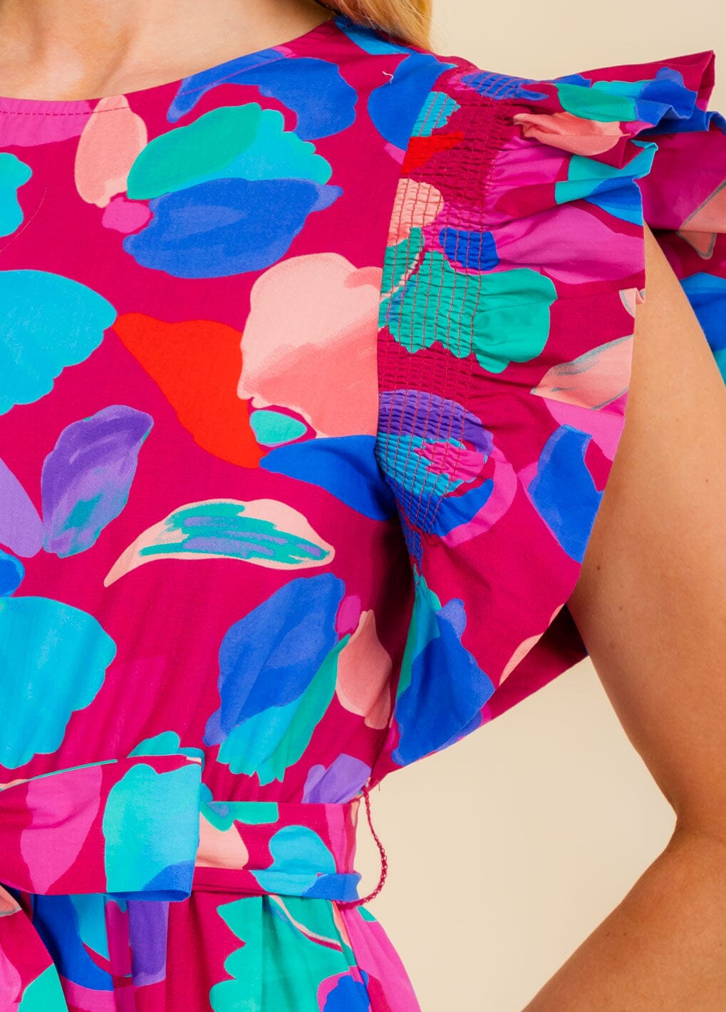 WOMEN'S RUFFLE SLEEVE SELF TIE FRONT POCKETS MULTI PRINT MAXI DRESS