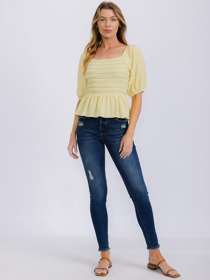 WOMEN'S SHORT SLEEVE SQUARE NECK SMOCK PEPLUM BLOUSE