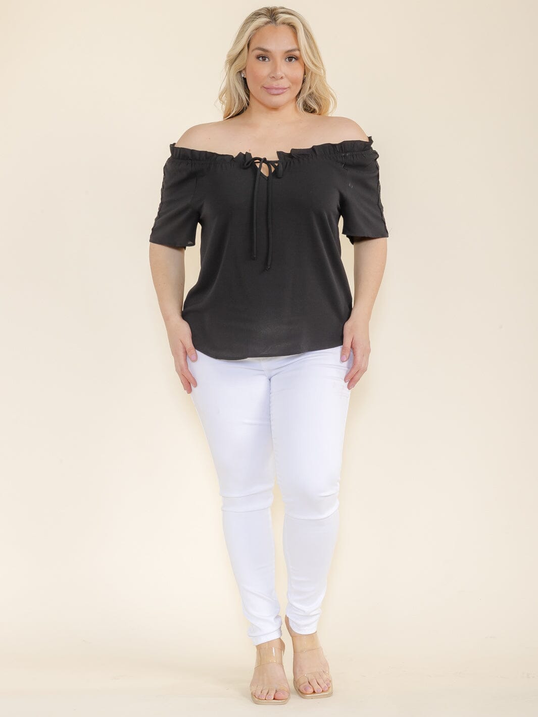 PLUS SIZE SHORT SLEEVE LACE OFF SHOULDER BLOUSE