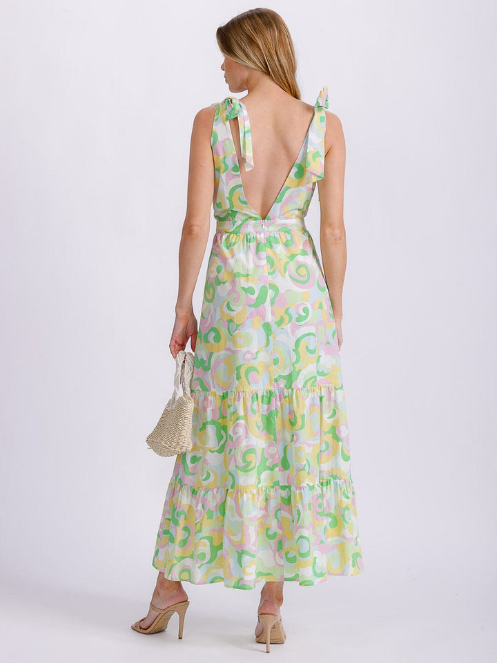 WOMEN'S SLEEVELESS V-NECK OPEN BACK MULTI PRINT MAXI DRESS