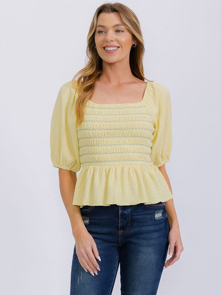 WOMEN'S SHORT SLEEVE SQUARE NECK SMOCK PEPLUM BLOUSE