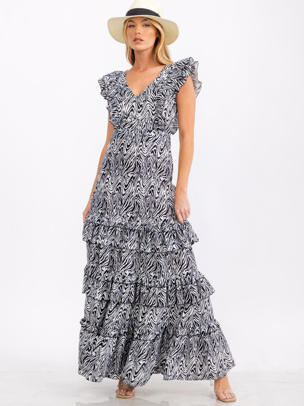 WOMEN'S RUFFLE SLEEVE V-NECK TIERED ANIMAL PRINT MAXI DRESS