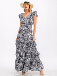 WOMEN'S RUFFLE SLEEVE V-NECK TIERED ANIMAL PRINT MAXI DRESS