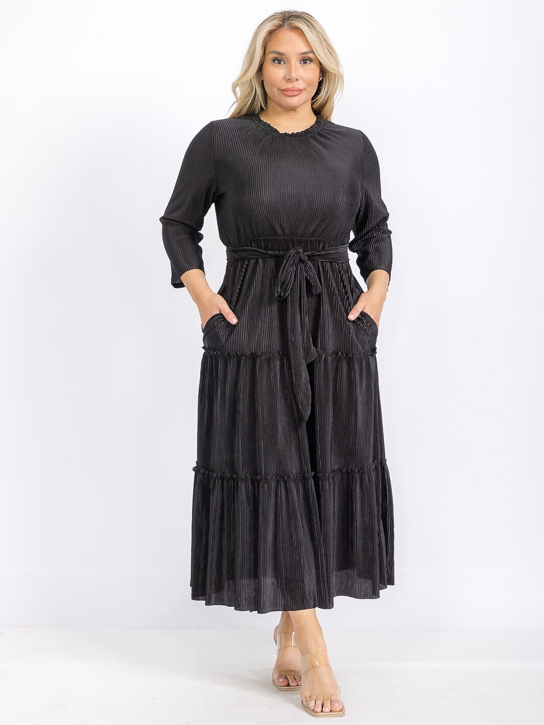 PLUS SIZE LONG SLEEVE FRONT POCKETS SELF TIE ELASTIC WAIST MAXI DRESS