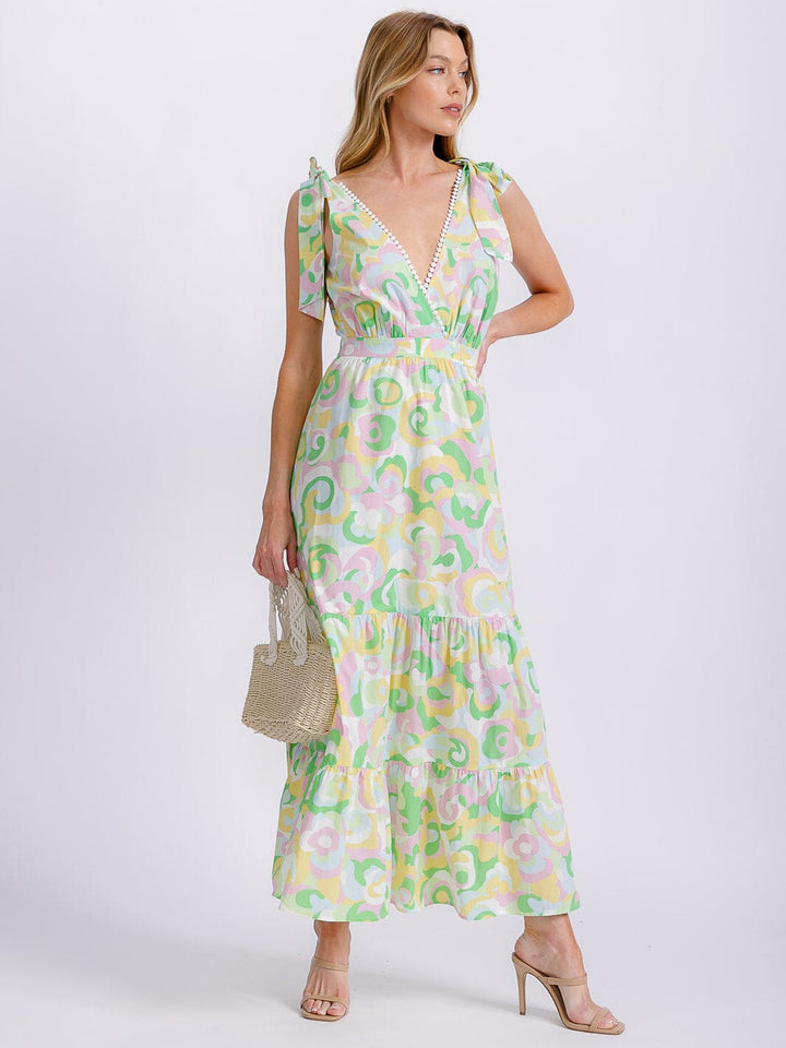 WOMEN'S SLEEVELESS V-NECK OPEN BACK MULTI PRINT MAXI DRESS