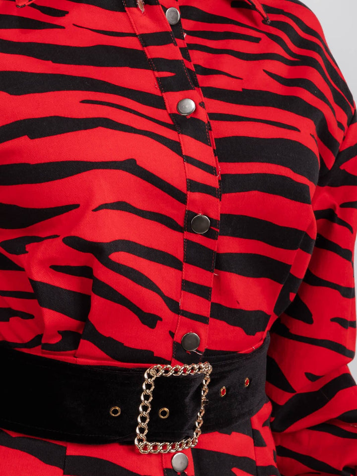 WOMEN'S LONG SLEEVE BUTTON UP BELTED ANIMAL PRINT MINI DRESS