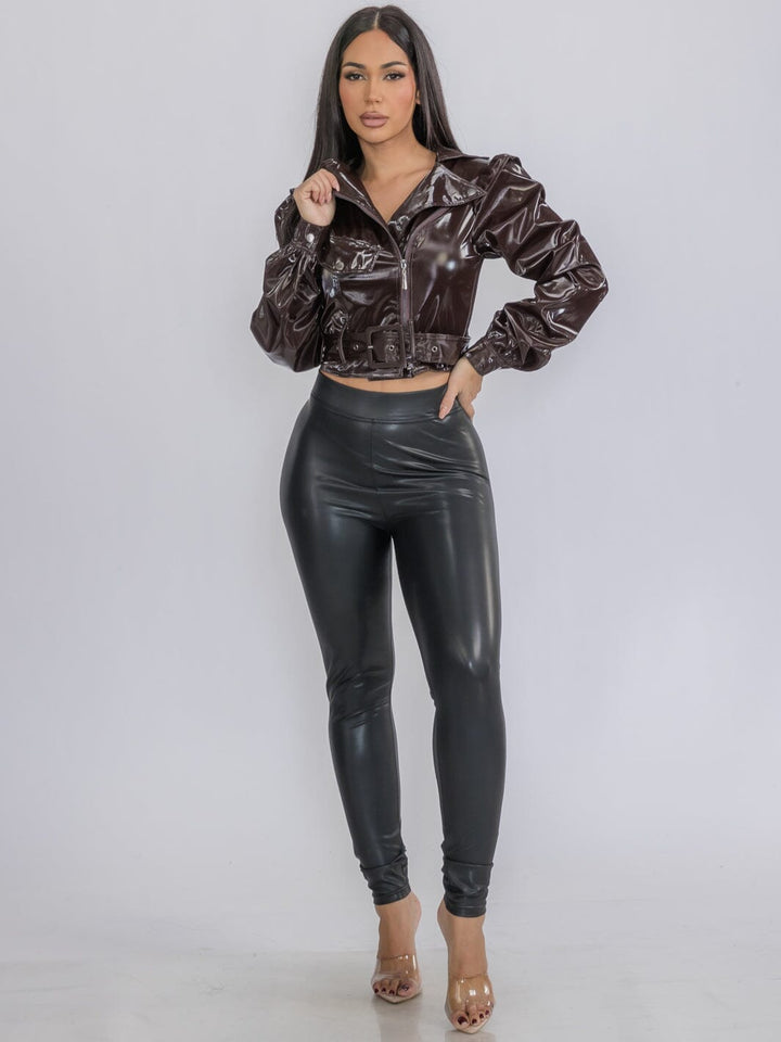 WOMEN'S LONG SLEEVE ZIP UP BELTED PU PLEATHER JACKET