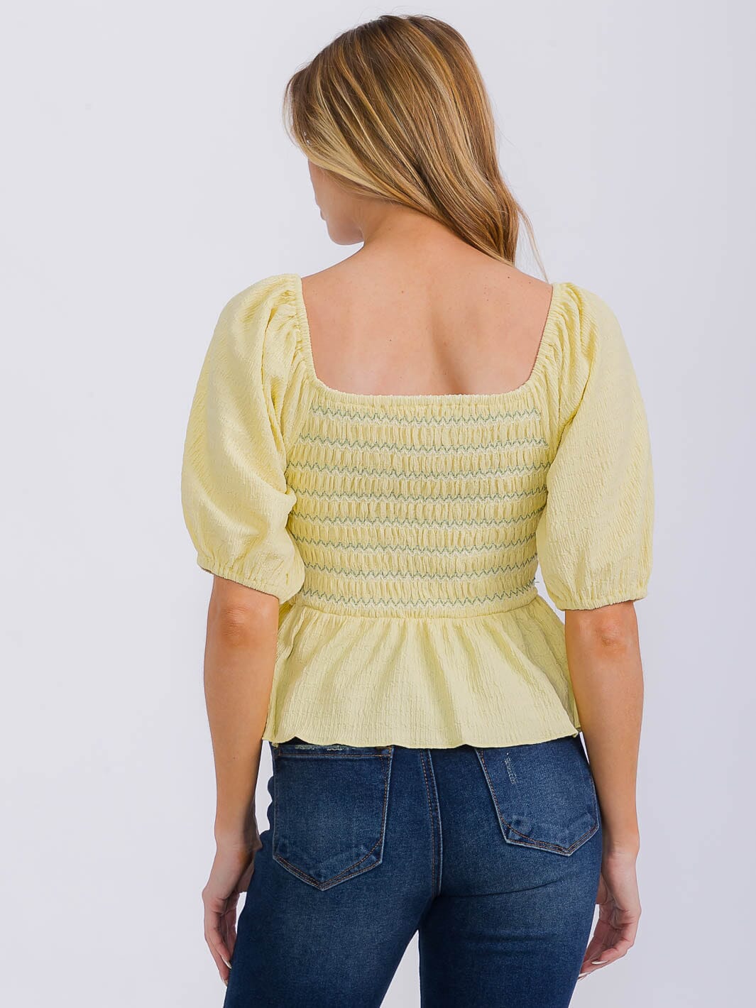 WOMEN'S SHORT SLEEVE SQUARE NECK SMOCK PEPLUM BLOUSE