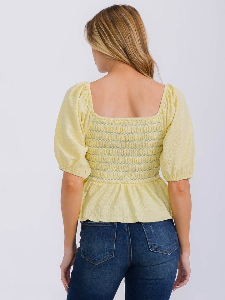 WOMEN'S SHORT SLEEVE SQUARE NECK SMOCK PEPLUM BLOUSE