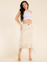 WOMEN'S ADJUSTABLE EDGE & WAIST CARGO POCKETS DENIM MIDI SKIRT
