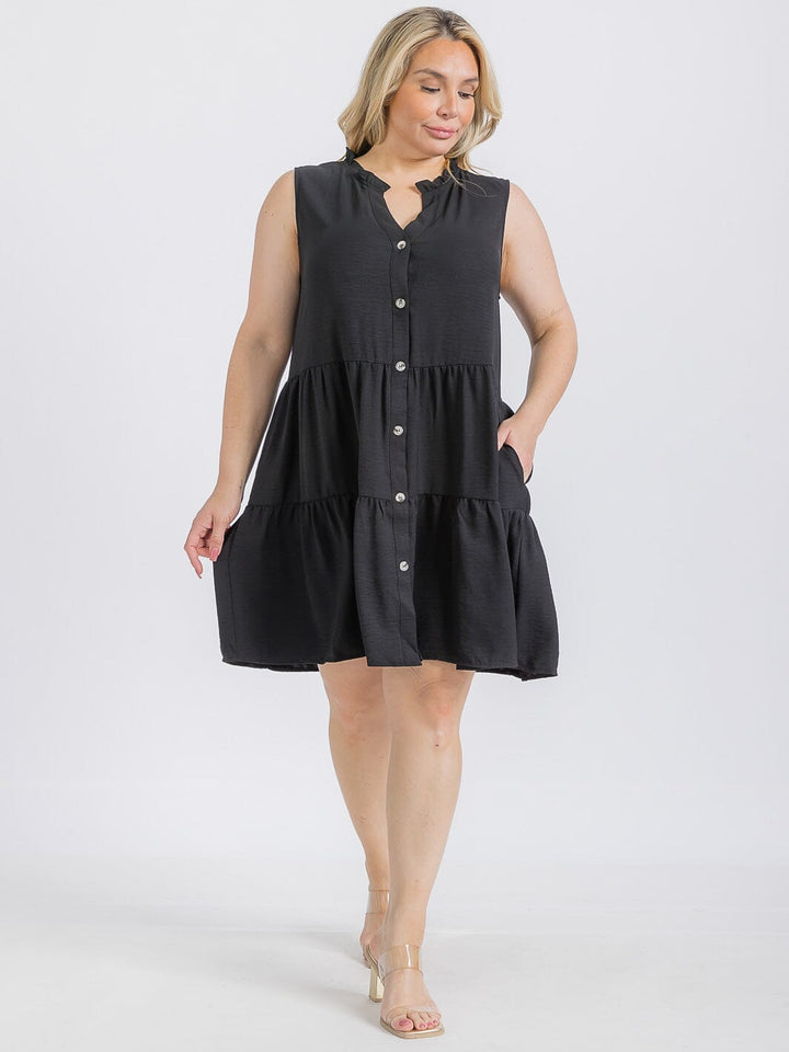 PLUS SIZE SLEEVELESS FRONT POCKETS TIERED TUNIC MINI DRESS