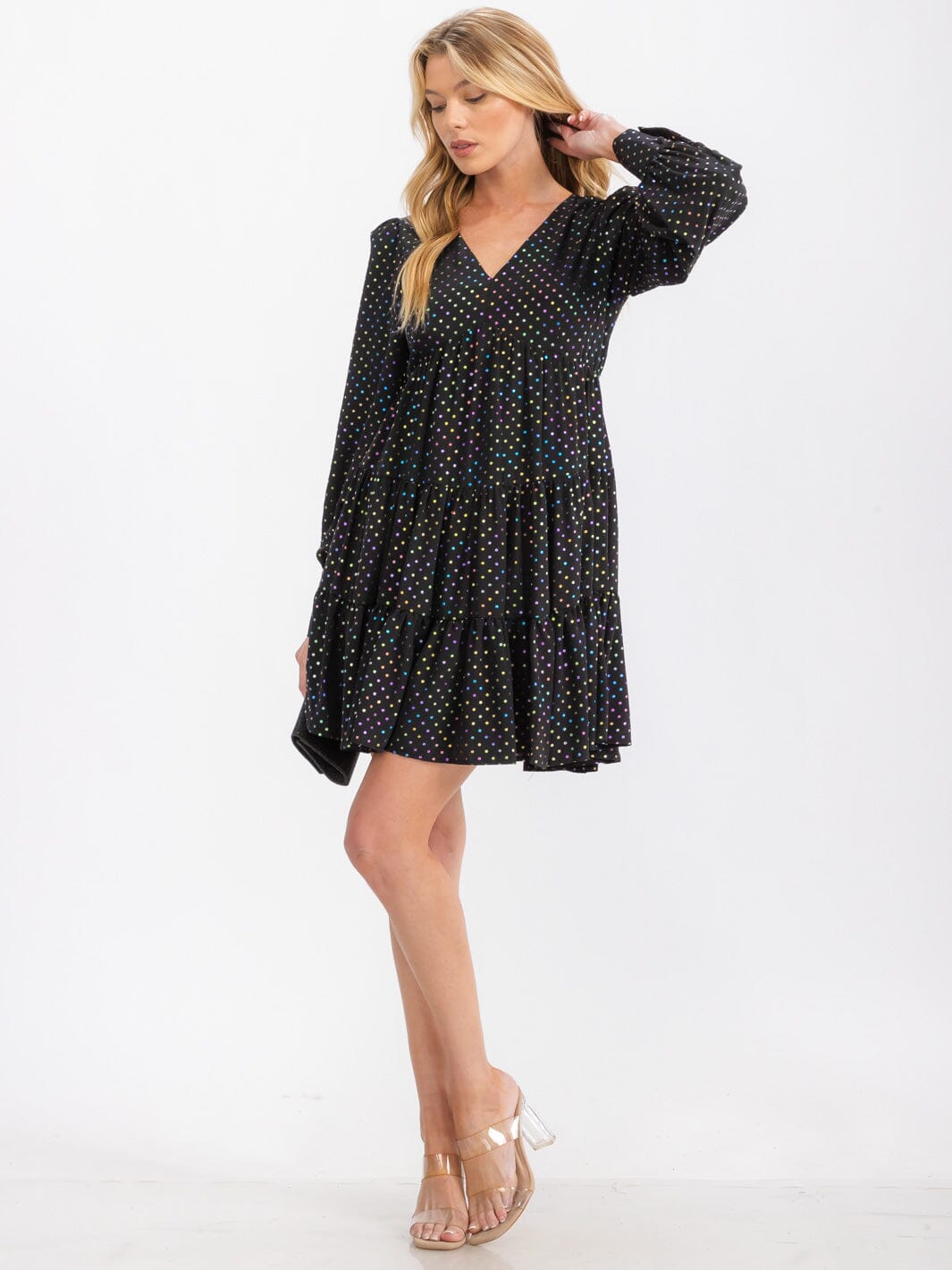 WOMEN'S LONG SLEEVE V-NECK TIERED MULTI POLKA DOTS PRINT TUNIC MINI DRESS