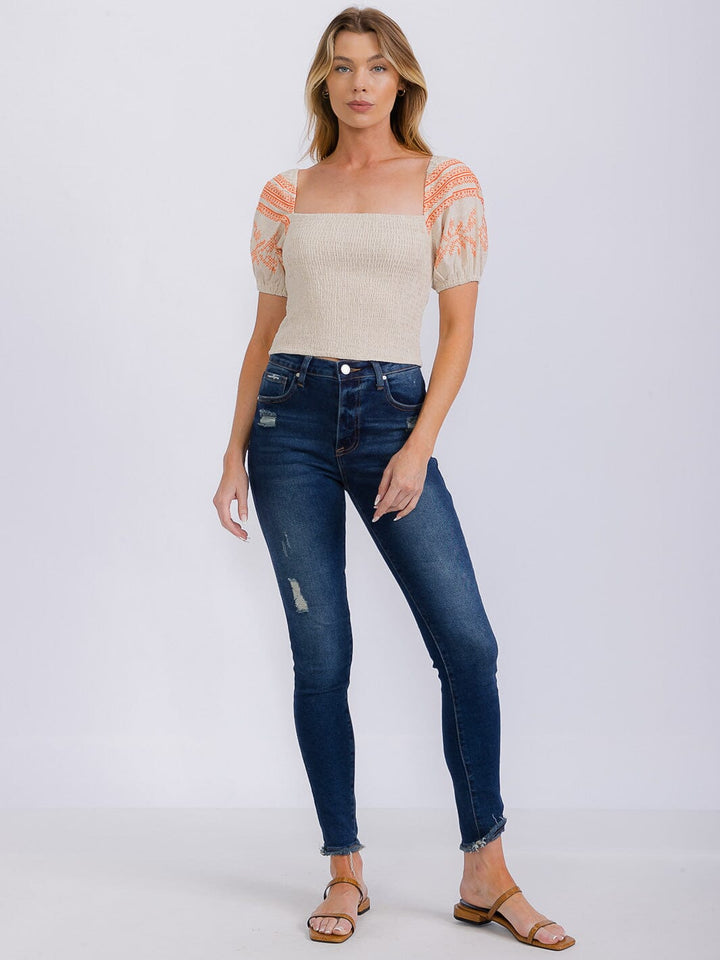 WOMEN'S SHORT PUFF SLEEVE SQUARE NECK SMOCK TOP