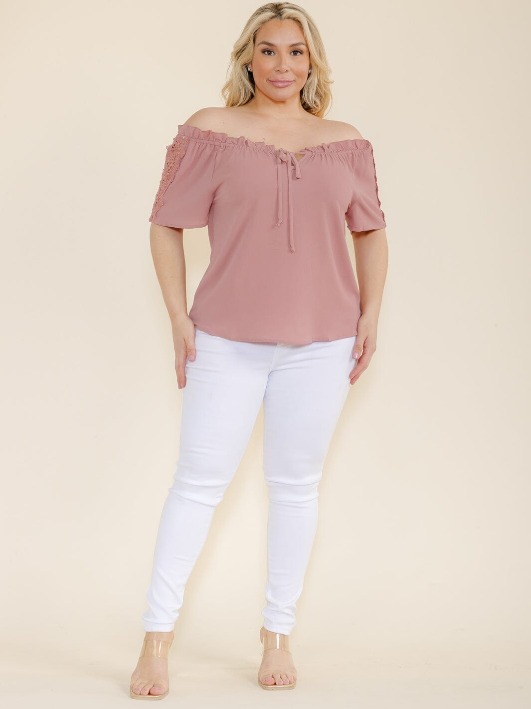 PLUS SIZE SHORT SLEEVE LACE OFF SHOULDER BLOUSE