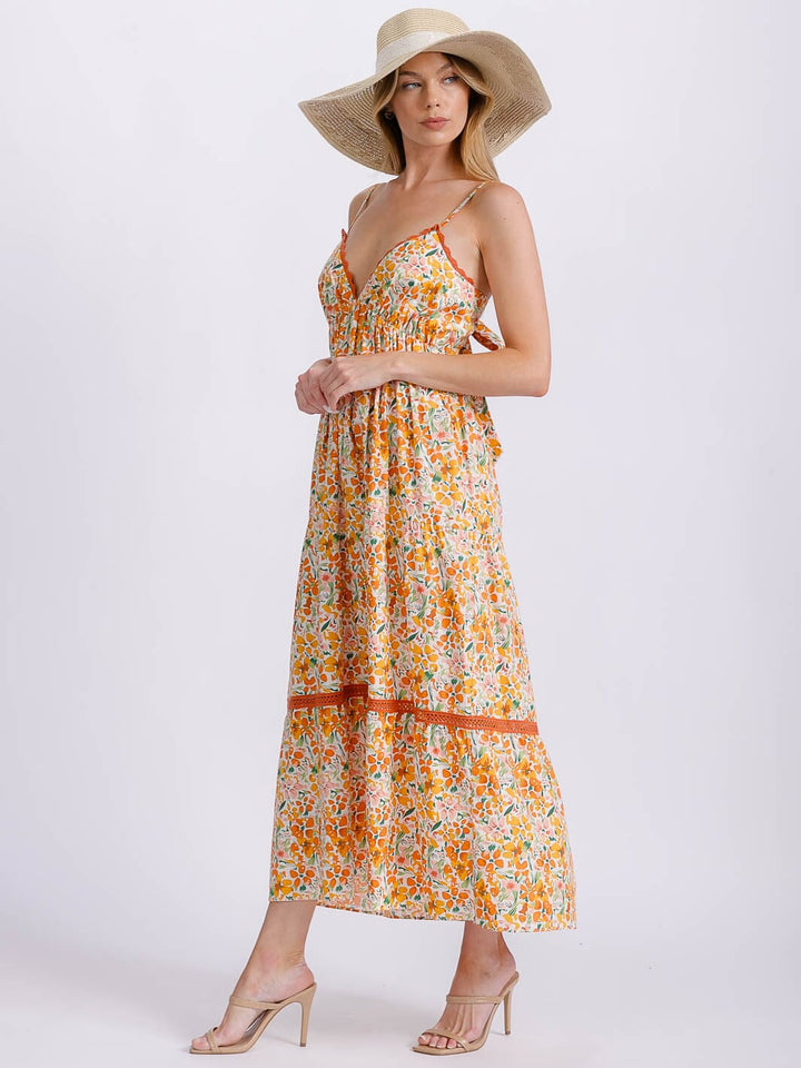 WOMEN'S SLEEVELESS V-NECK ELASTIC WAIST TIERED OPEN BACK FLORAL MAXI DRESS