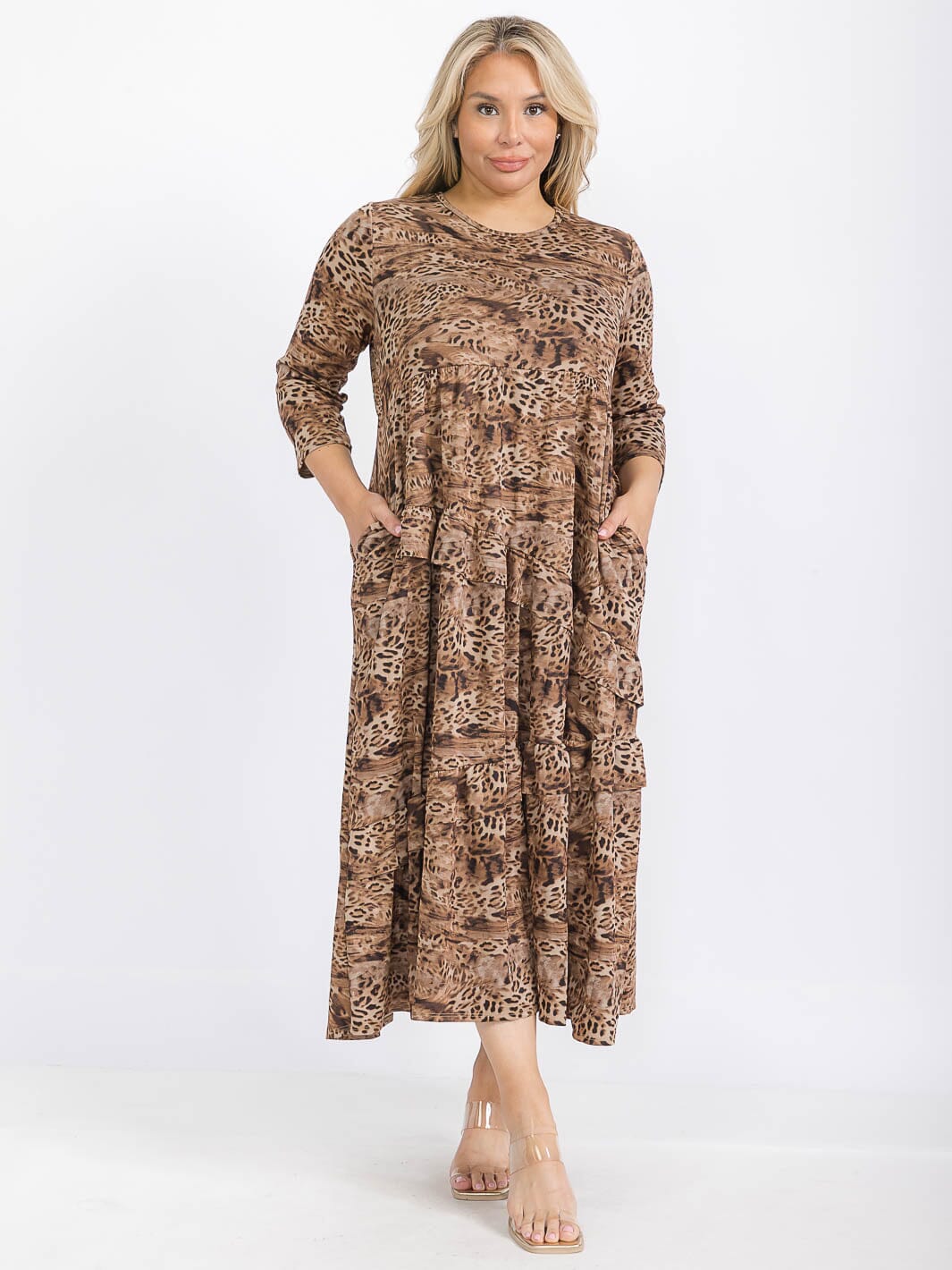 PLUS SIZE 3/4 SLEEVE FRONT POCKETS ANIMAL PRINT RUFFLE TIERED MAXI DRESS