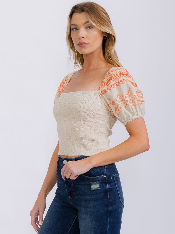 WOMEN'S SHORT PUFF SLEEVE SQUARE NECK SMOCK TOP