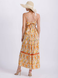 WOMEN'S SLEEVELESS V-NECK ELASTIC WAIST TIERED OPEN BACK FLORAL MAXI DRESS