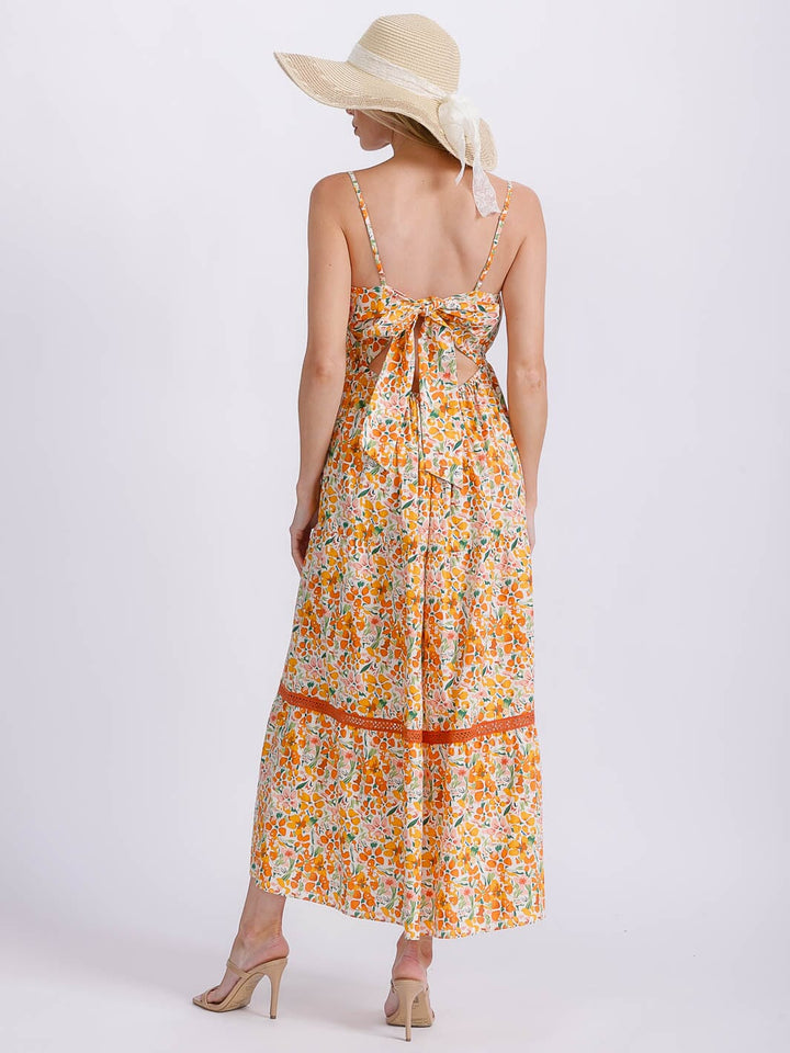 WOMEN'S SLEEVELESS V-NECK ELASTIC WAIST TIERED OPEN BACK FLORAL MAXI DRESS