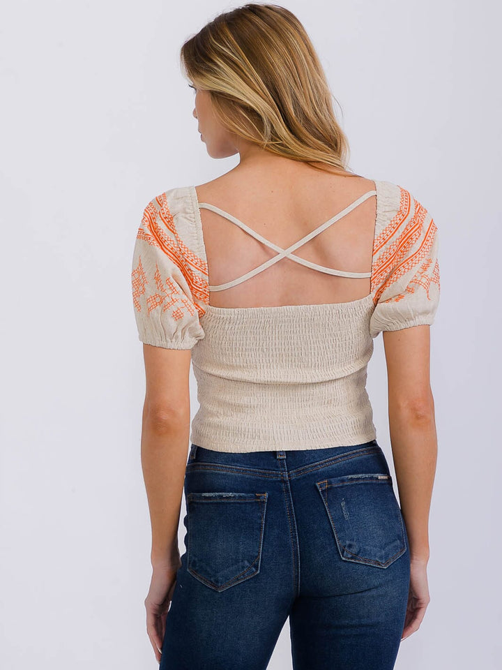 WOMEN'S SHORT PUFF SLEEVE SQUARE NECK SMOCK TOP