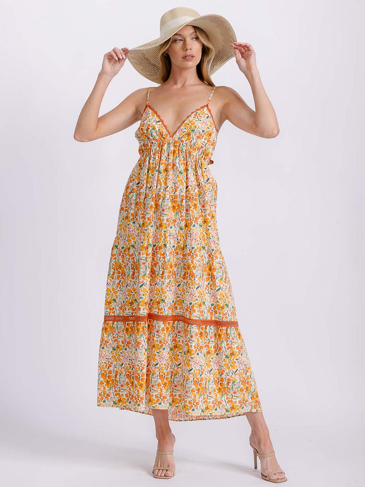 WOMEN'S SLEEVELESS V-NECK ELASTIC WAIST TIERED OPEN BACK FLORAL MAXI DRESS