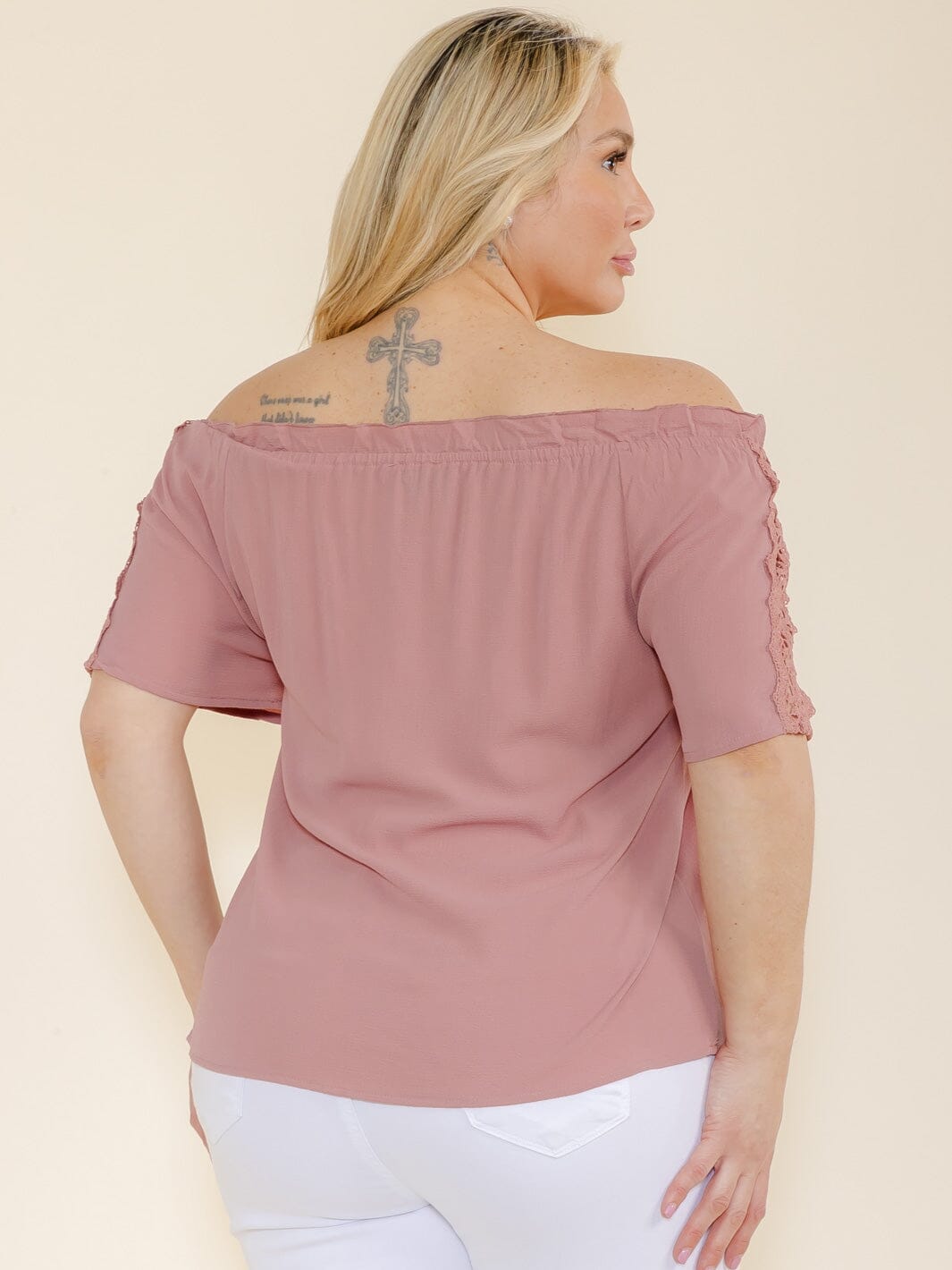 PLUS SIZE SHORT SLEEVE LACE OFF SHOULDER BLOUSE