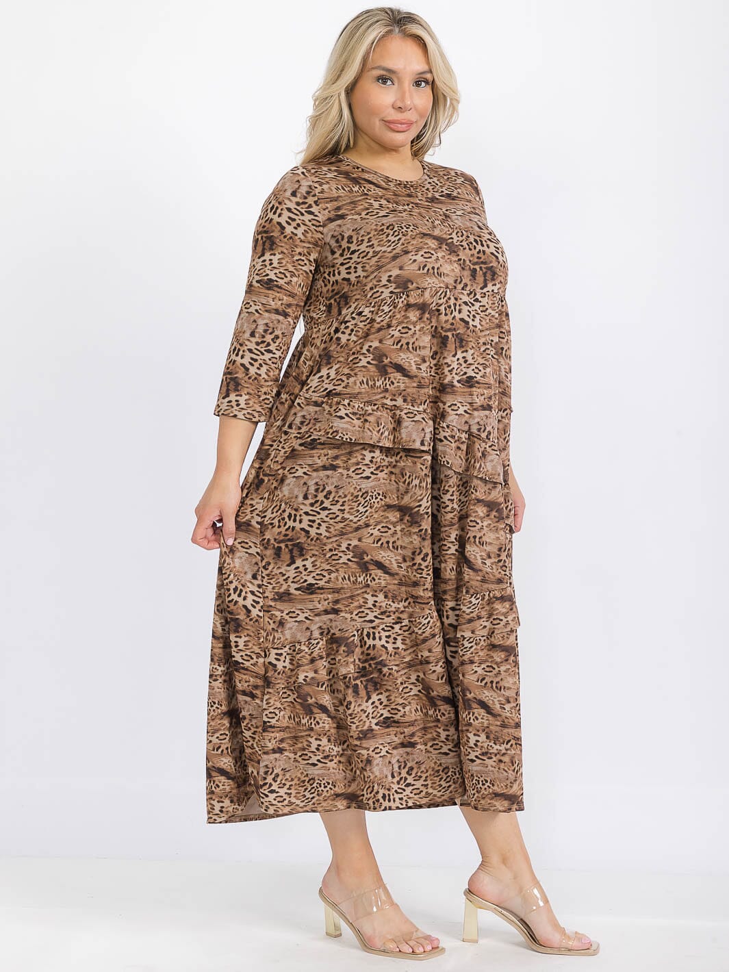 PLUS SIZE 3/4 SLEEVE FRONT POCKETS ANIMAL PRINT RUFFLE TIERED MAXI DRESS