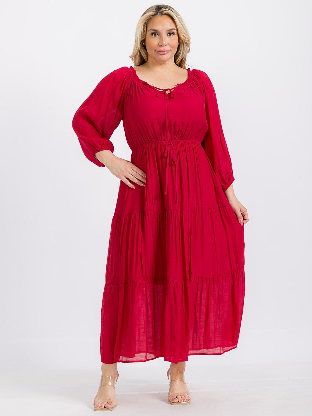 PLUS SIZE LONG SLEEVE ELASTIC WAIST TIERED MAXI DRESS