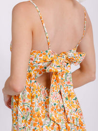 WOMEN'S SLEEVELESS V-NECK ELASTIC WAIST TIERED OPEN BACK FLORAL MAXI DRESS