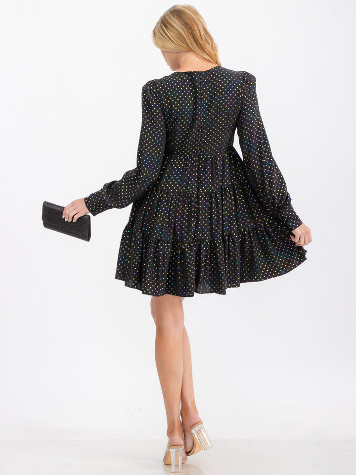 WOMEN'S LONG SLEEVE V-NECK TIERED MULTI POLKA DOTS PRINT TUNIC MINI DRESS