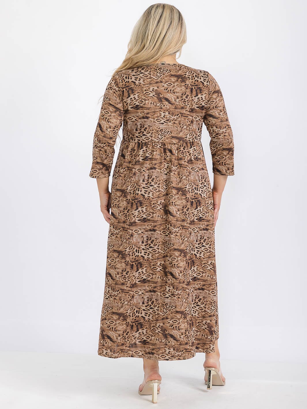 PLUS SIZE 3/4 SLEEVE FRONT POCKETS ANIMAL PRINT RUFFLE TIERED MAXI DRESS