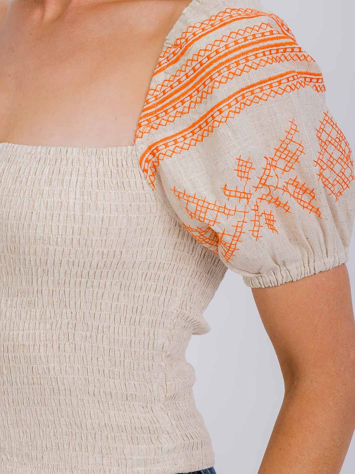 WOMEN'S SHORT PUFF SLEEVE SQUARE NECK SMOCK TOP