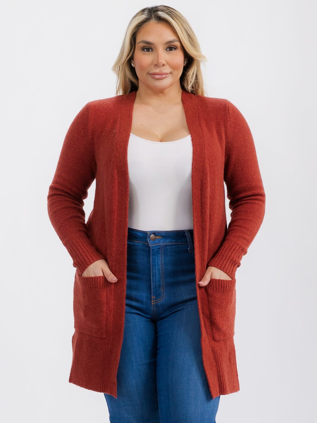 PLUS SIZE LONG SLEEVE OPEN FRONT POCKETS CARDIGAN