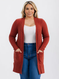 PLUS SIZE LONG SLEEVE OPEN FRONT POCKETS CARDIGAN