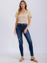 WOMEN'S SHORT PUFF SLEEVE SQUARE NECK SMOCK TOP
