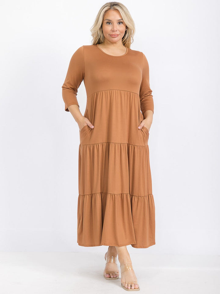 PLUS SIZE 3/4 SLEEVE FRONT POCKETS TIERED MAXI DRESS