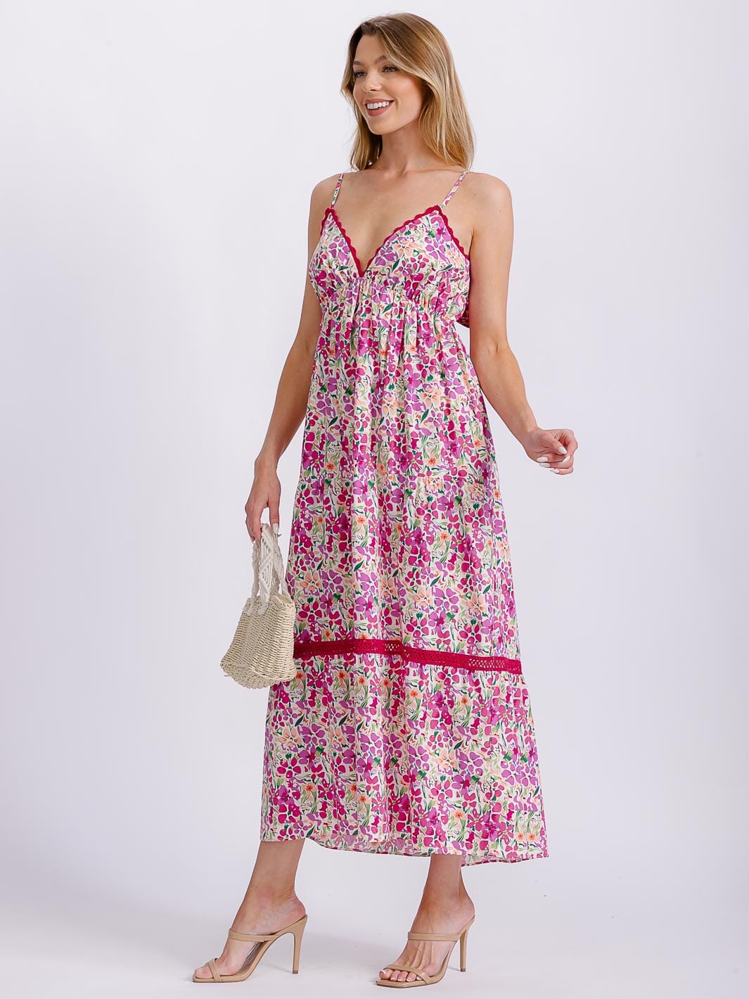 WOMEN'S SLEEVELESS V-NECK ELASTIC WAIST TIERED OPEN BACK FLORAL MAXI DRESS